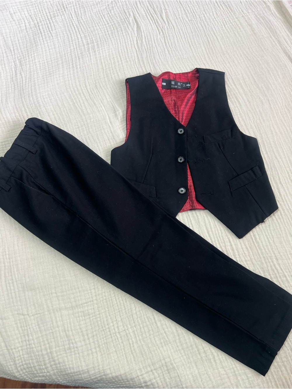 Kids Black Vest and Pants Set with Red Lining
